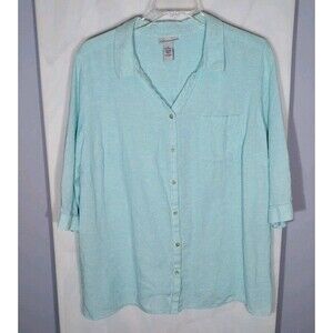 Catherine's Women's Top Sz 2X Seafoam Button Up Linen Blend Coastal Beachy Comfy